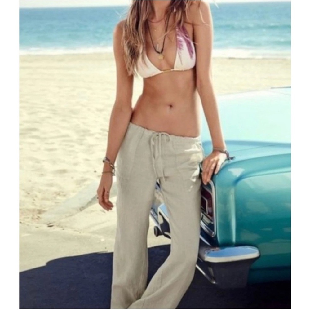 Victorias Secret Pants Sz 8Reg Tan 100% Linen Straight Leg Pockets Beach Coastal